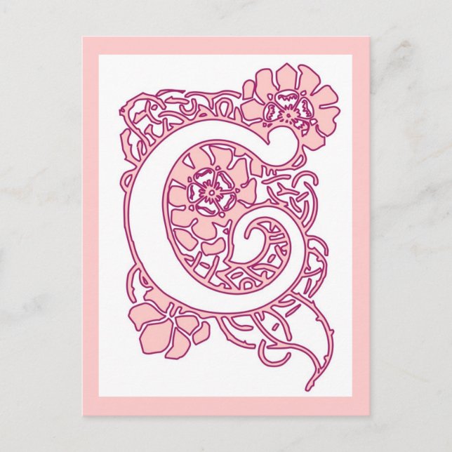Blush Rosa Blommig Bokstav C Monogram | Romantisk  Vykort (Framsida)