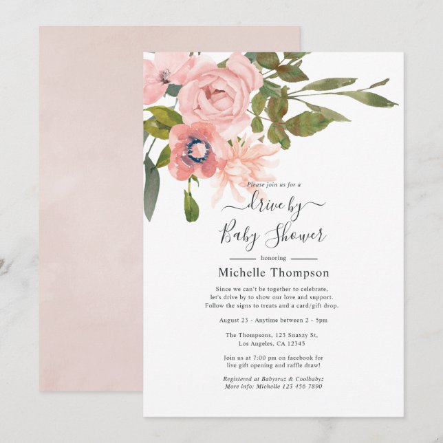 Blush Rosa Blommig Drive By Dusj Inbjudningar (Fram/baksida)