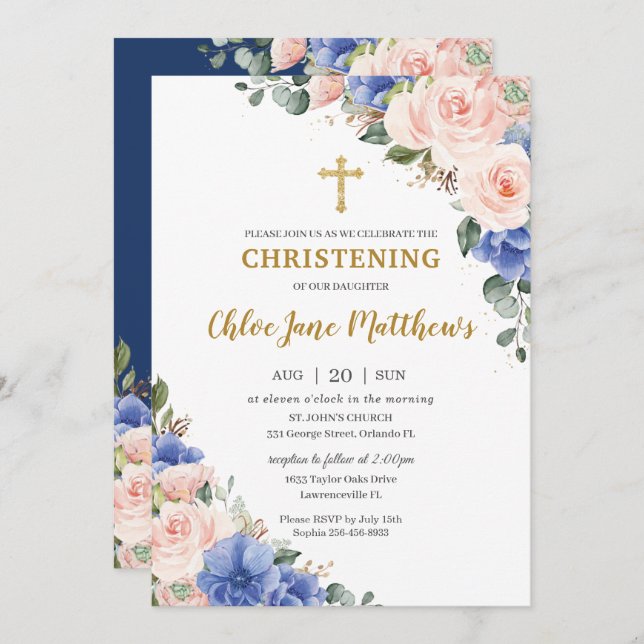 Blush Rosa Blommig Guld Dop Dopceremoni  Inbjudningar (Fram/baksida)