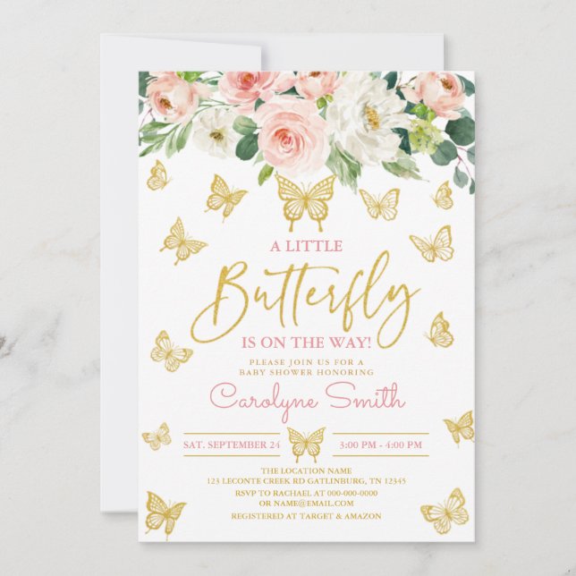 Blush Rosa Blommig Guld Fjäril Baby Shower Inbjudningar (Framsida)