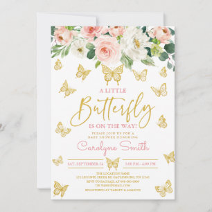 Blush Rosa Blommig Guld Fjäril Baby Shower Inbjudningar