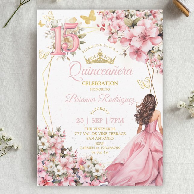 Blush Rosa Blommig Guld Fjärilar Quinceañera Inbjudningar (Skapare uppladdad)