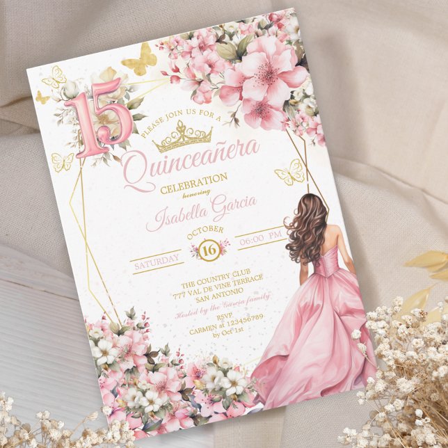 Blush Rosa Blommig Guld Fjärilar Quinceañera Inbjudningar (Skapare uppladdad)