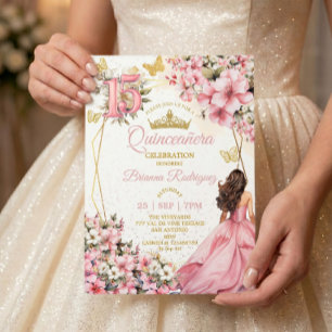 Blush Rosa Blommig Guld Fjärilar Quinceañera Inbjudningar