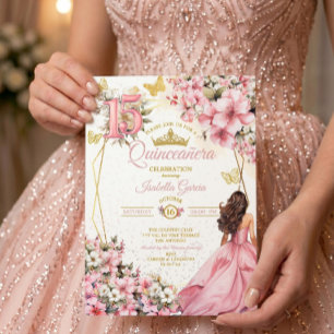 Blush Rosa Blommig Guld Fjärilar Quinceañera Inbjudningar