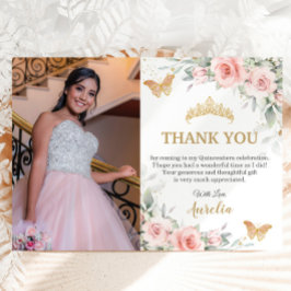 Blush Rosa Blommig Guld Krona Quinceañera Foto  Tack Kort
