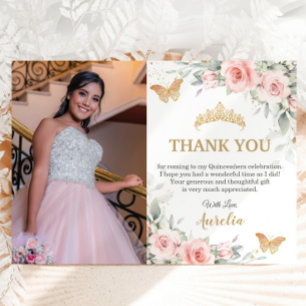 Blush Rosa Blommig Guld Krona Quinceañera Foto Tack Kort
