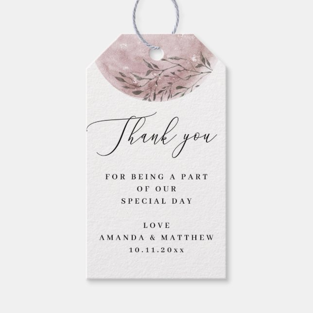 Blush Rosa Blommig Måne | Elegant Bröllop Tack Presentetikett (Framsidan)