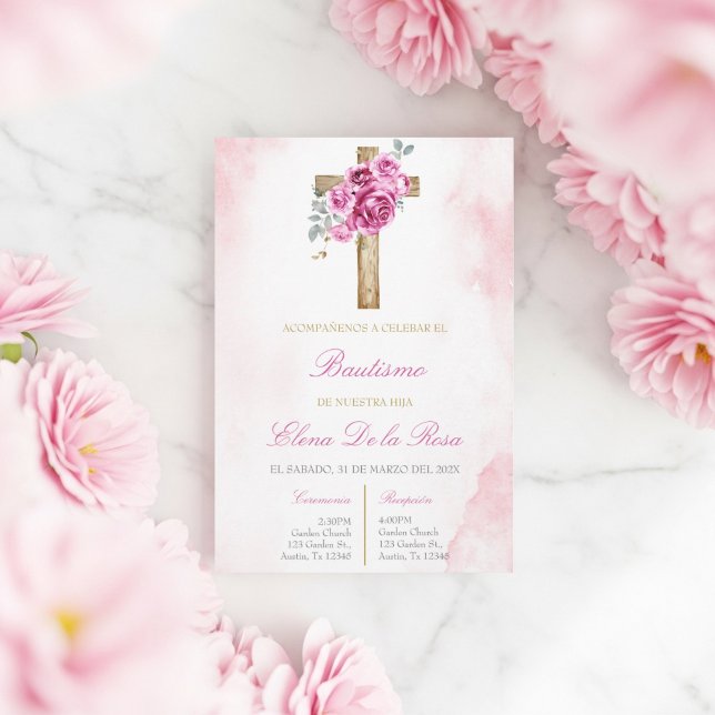 Blush Rosa blommig med korsdop  Inbjudningar (Skapare uppladdad)