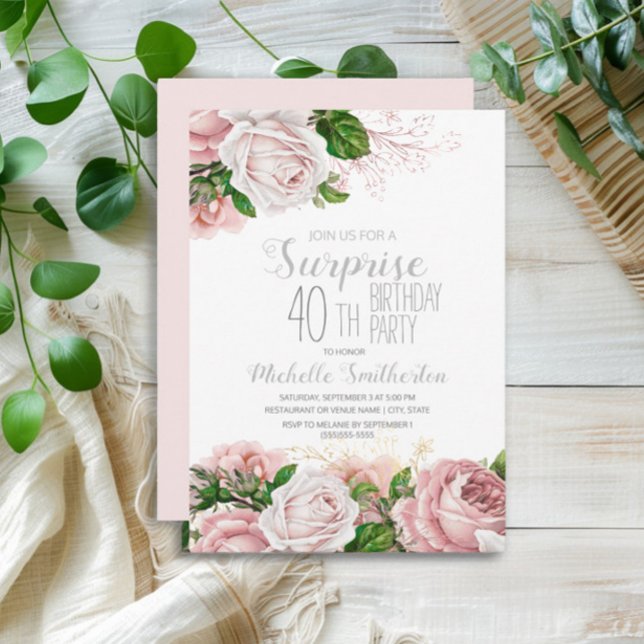 Blush Rosa Blommig Överraskning 40-årsdag Inbjudningar (Elegant pink vintage floral surprise 40th birthday party invitation)