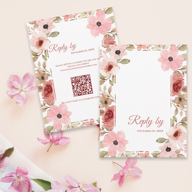 Blush Rosa Blommig QR-kod Bröllopsvar Senast OSA Kort (Blush Pink Floral QR Code Wedding Reply By RSVP Card)