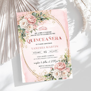 Blush Rosa Blommor Eucalyptus Quinceañera Inbjudan
