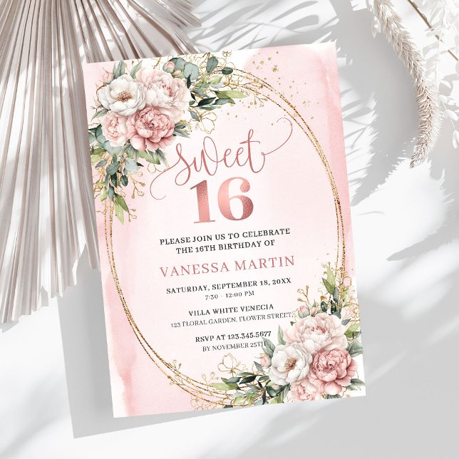 Blush Rosa Blommor Grönska 16-års Födelsedagsfest  Inbjudningar (Dusty Pink Floral Eucalyptus Sweet Sixteen Birthday Invite

)
