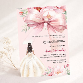 Blush rosa blomsterklänning med Quinceanera-båge Inbjudningar