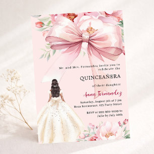 Blush rosa blomsterklänning med Quinceanera-båge Inbjudningar