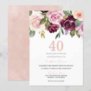 Blush Rosa & Burgundy Blommor 40-årsfest Inbjudningar