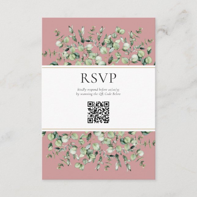 Blush Rosa Eukalyptus QR-kod Bröllop RSVP  Tilläggskort (Framsida)