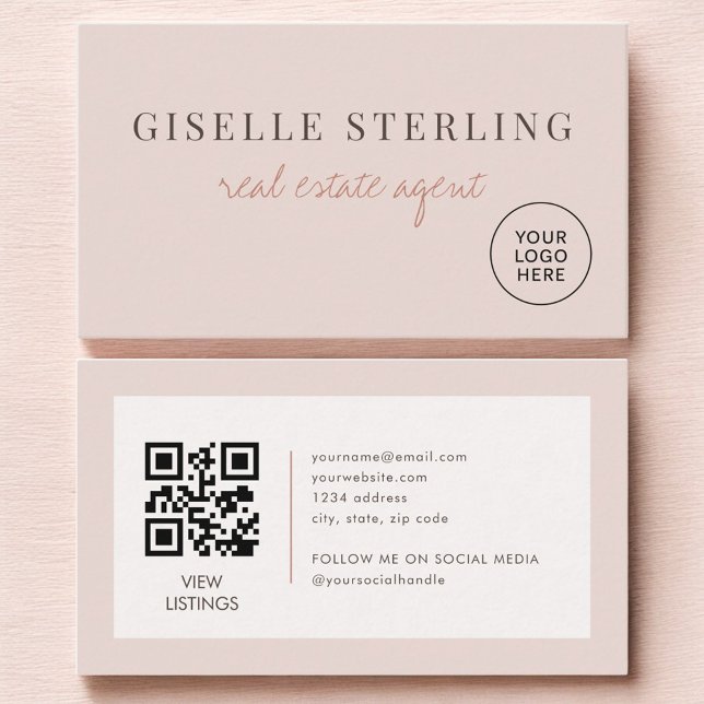 Blush Rosa Fastighetsmäklare Logo QR-kod Visitkort (Skapare uppladdad)