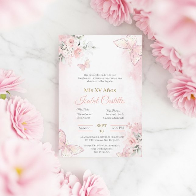 Blush Rosa fjäril Quinceanera inbjudan (Skapare uppladdad)