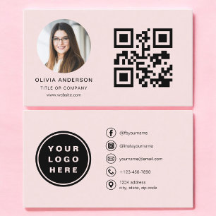 Blush Rosa Foto med QR-kod Sociala Medier Visitkort