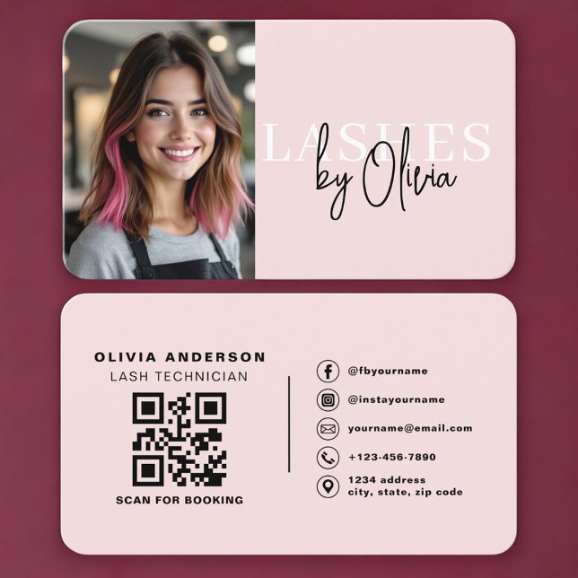 Blush Rosa Fransör Foto QR-kod Visitkort (Skapare uppladdad)