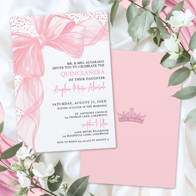 Blush Rosa Glitter Bow Quinceanera Inbjudningar (Blush Pink Quinceanera Invitation)