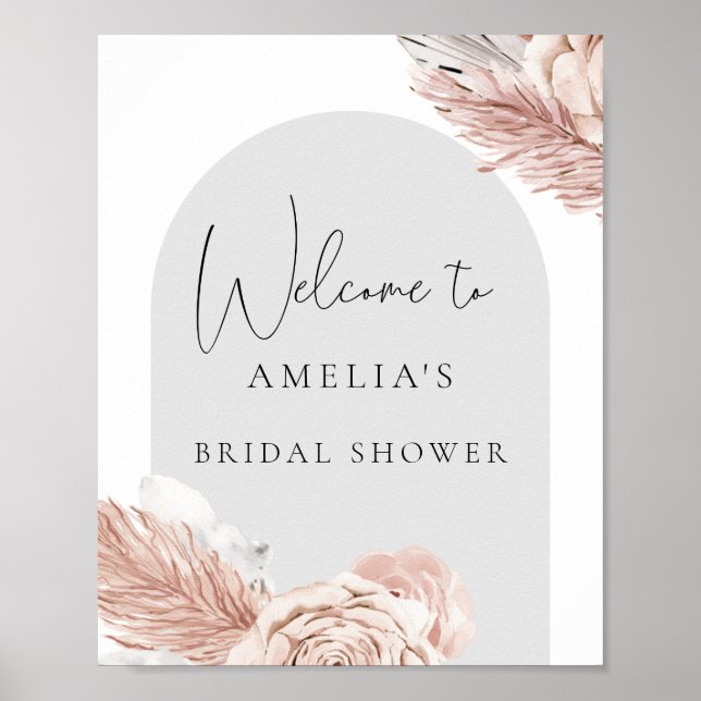 Blush Rosa Grå Boho Blommor Båge Bröllopsdusch Po Poster (Framsidan)