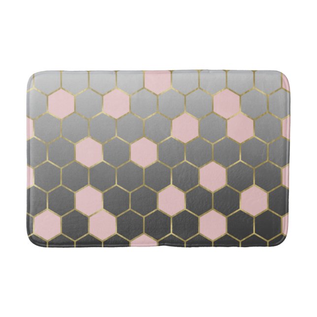 Blush Rosa Grå & Guld Hexagon Modern Glam Badrumsmatta (Framsidan)
