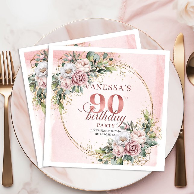 Blush Rosa Grönska Blommig 90-årsfest   Pappersservett (Blush Pink Greenery Floral 90th Birthday Party Napkins)