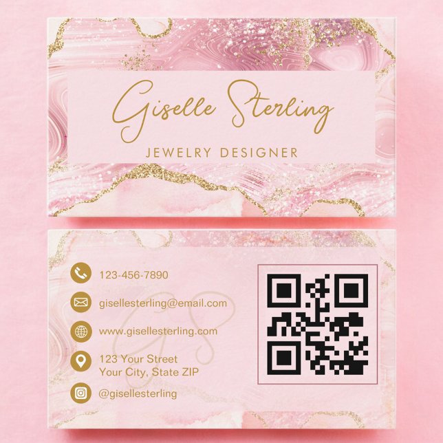 Blush Rosa Guld Agat QR-kod Smyckesdesigner  Visitkort (Skapare uppladdad)
