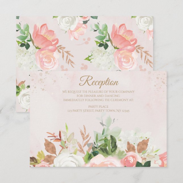 Blush Rosa Guld Akvarell Blommig Mottagningskort Inbjudningar (Fram/baksida)