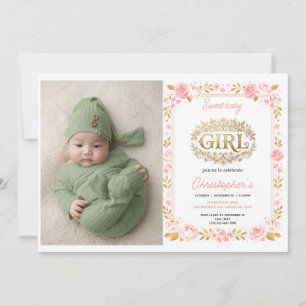 Blush Rosa & Guld Blommig Baby Shower-fotografi fö Inbjudningar