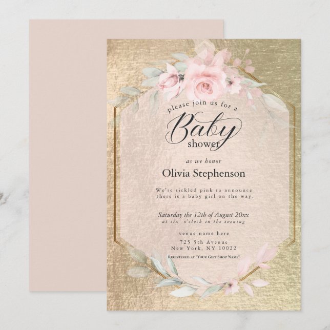 Blush Rosa Guld Blommig Baby Shower Inbjudningar (Fram/baksida)