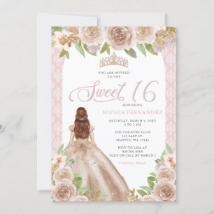 Blush Rosa Guld Blommig Prinsessa Tiara Sweet 16 Inbjudningar