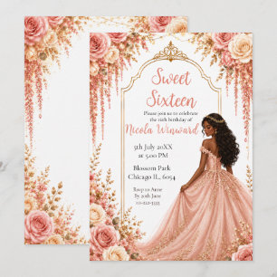 Blush Rosa Guld Blommig Sweet Sixteen Fest Inbjudningar