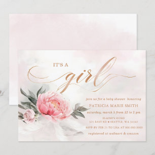 Blush Rosa Guld Det är en Tjej Blommig Baby Shower Inbjudningar