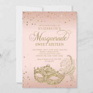 Blush Rosa Guld Glitter Maskerad Sweet 16 Foto Inbjudningar