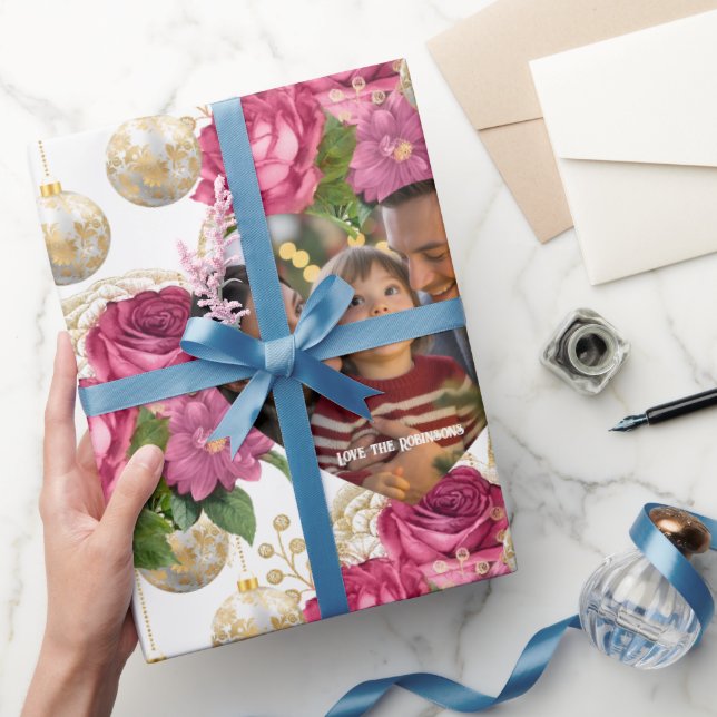Blush Rosa & Guld Ornament Jul Foto Personlig Presentpapper (Gifting)