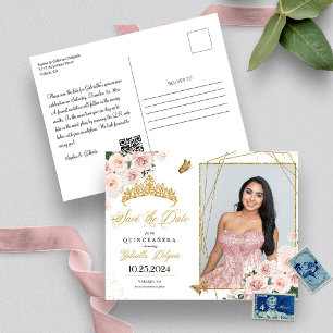 Blush Rosa & Guld Tiara Quinceañera Foto Postkort Vykort