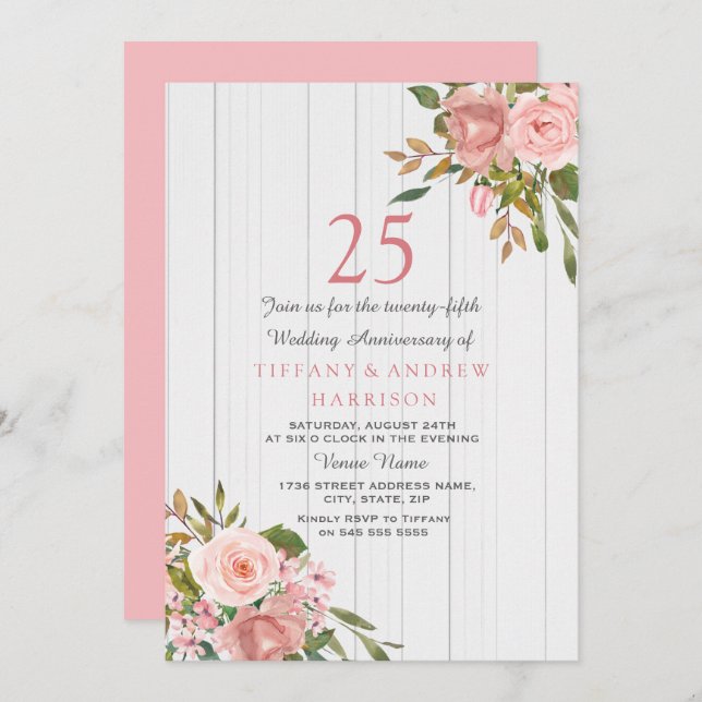 Blush Rosa Guld Vit 25-årsjubileum för bröllop Inbjudningar (Fram/baksida)
