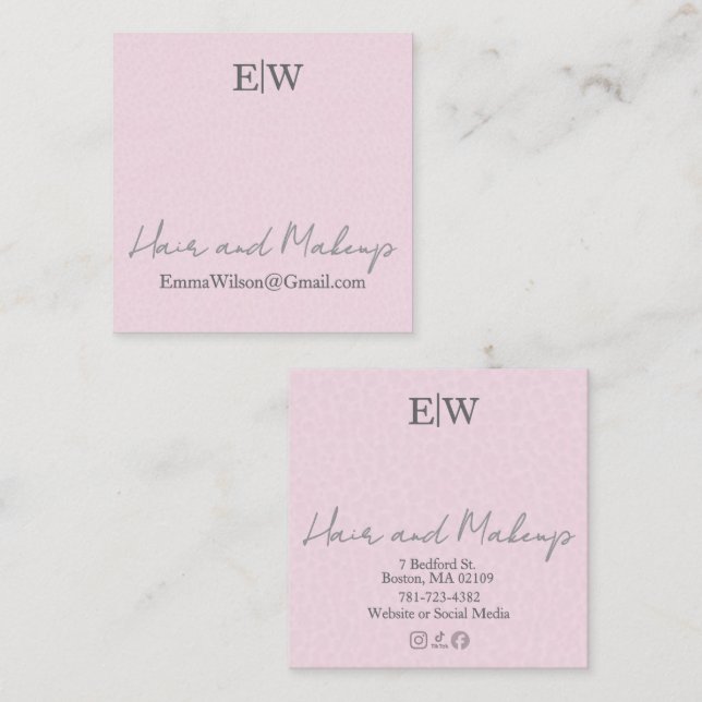 Blush Rosa Hår, Smink & Skönhetsstudio Monogram Fyrkantigt Visitkort (Fram/baksida)