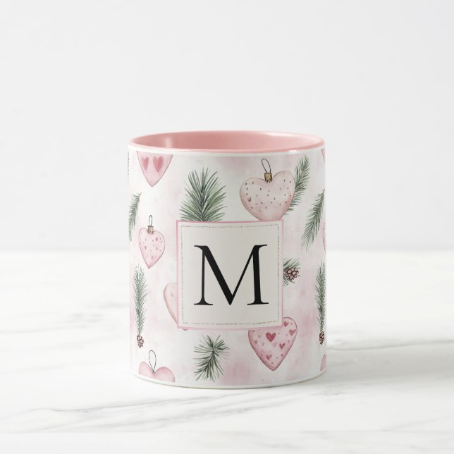 Blush Rosa Hjärtan Jul Monogram Mugg (Center)