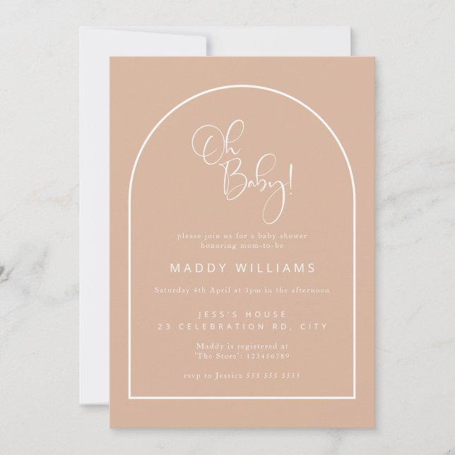 Blush Rosa Minimalistisk Skriftbåge Oh Babyfirande Inbjudningar (Framsida)