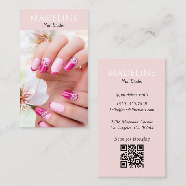 Blush Rosa Nagelkonstnär Foto QR-kod Visitkort (Fram/baksida)