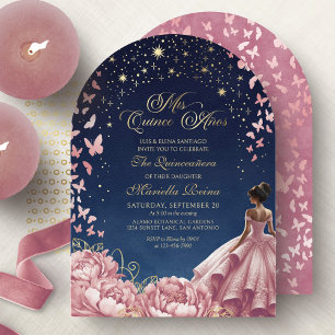 Blush Rosa Natt Himmel Fjärilar Quinceanera Inbjudningar