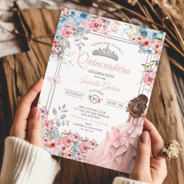 Blush Rosa och Blå Tiara Blommig Quinceañera Inbjudningar (Skapare uppladdad)