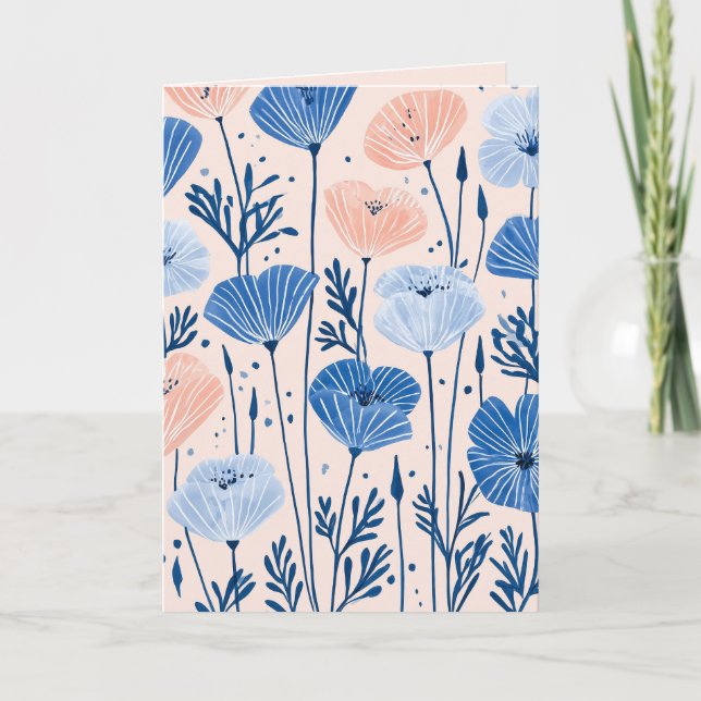 Blush Rosa och Blå Vallmo Illustration Tack Kort (Framsida)