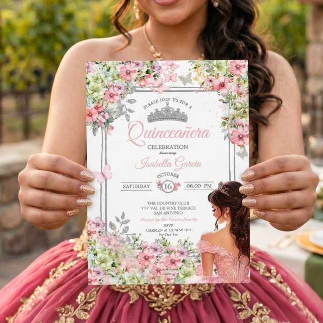 Blush Rosa och Grön Blommig Fjäril Quinceañera Inbjudningar (Skapare uppladdad)