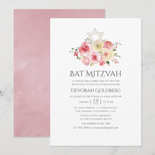 Blush Rosa och Gula Blommiga Bat Mitzvah Inbjudningar (Fram/baksida)