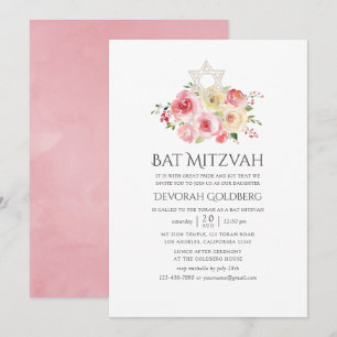 Blush Rosa och Gula Blommiga Bat Mitzvah Inbjudningar